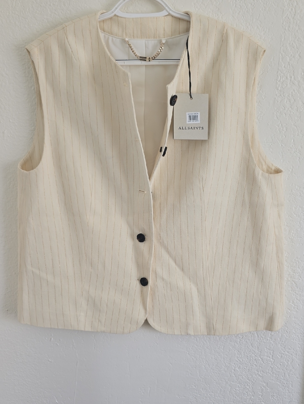 All Saints Cream Pinstripe Sleeveless Button Vest